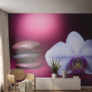 Fotobehang Premium Canvas - Een studie van versheid in paars - Bloemen, Spa, Stenen - 450x315 cm