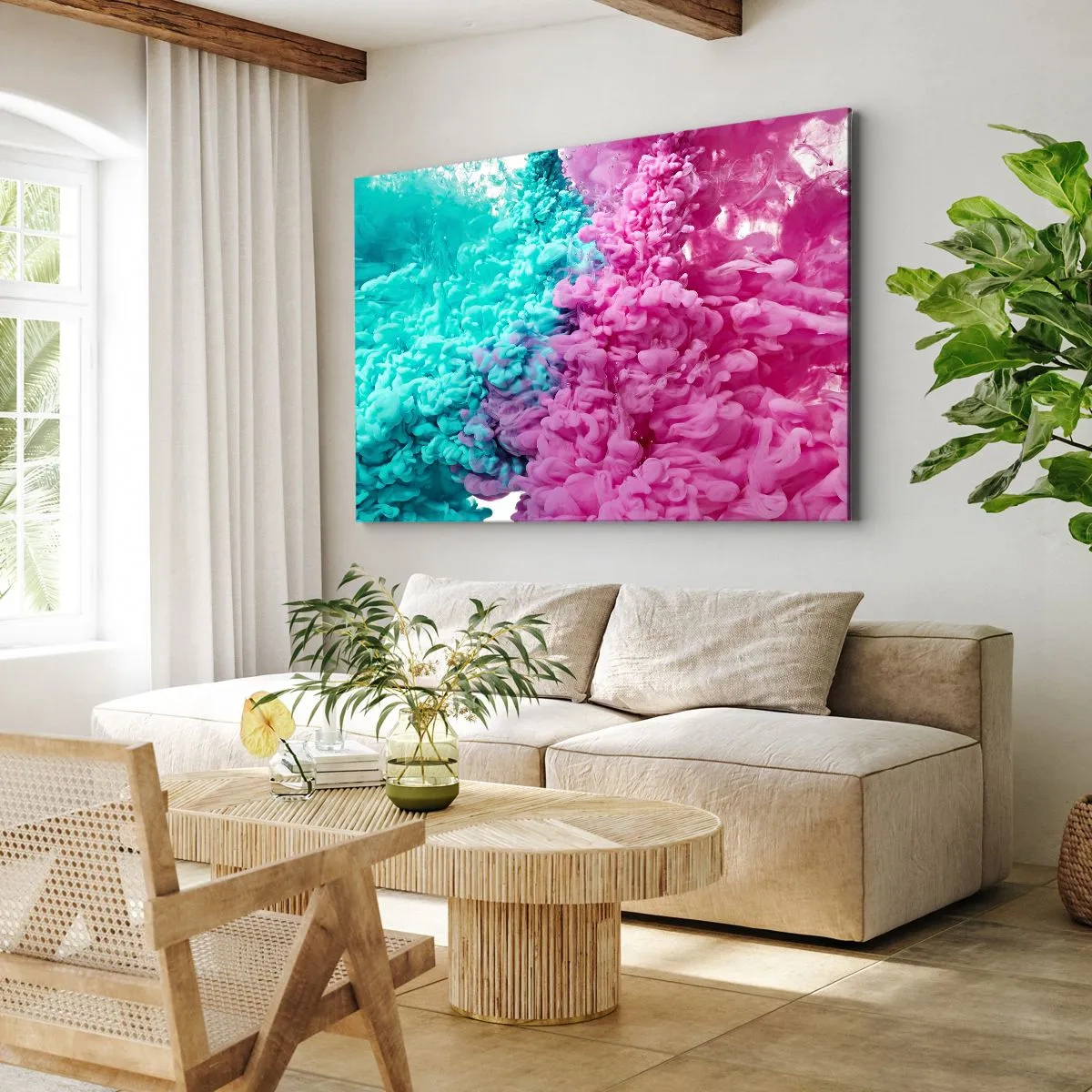 Schilderen op canvas - Kleurrijke golven van turquoise en roze in een abstracte vorm - 70x50cm - Laatst gevecht - Moderne wanddecoratie voor woonkamer en slaapkamer ARTTOR
