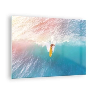 Schilderen op glas - Surfer rijdt op een golf in de turquoise oceaan - 70x50cm - De oceaanruiter - Moderne wanddecoratie voor woonkamer en slaapkamer ARTTOR