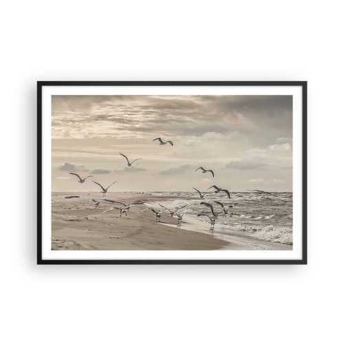 Poster in een zwarte lijst - Het geluid van de zee, het zingen van vogels - 91x61 cm