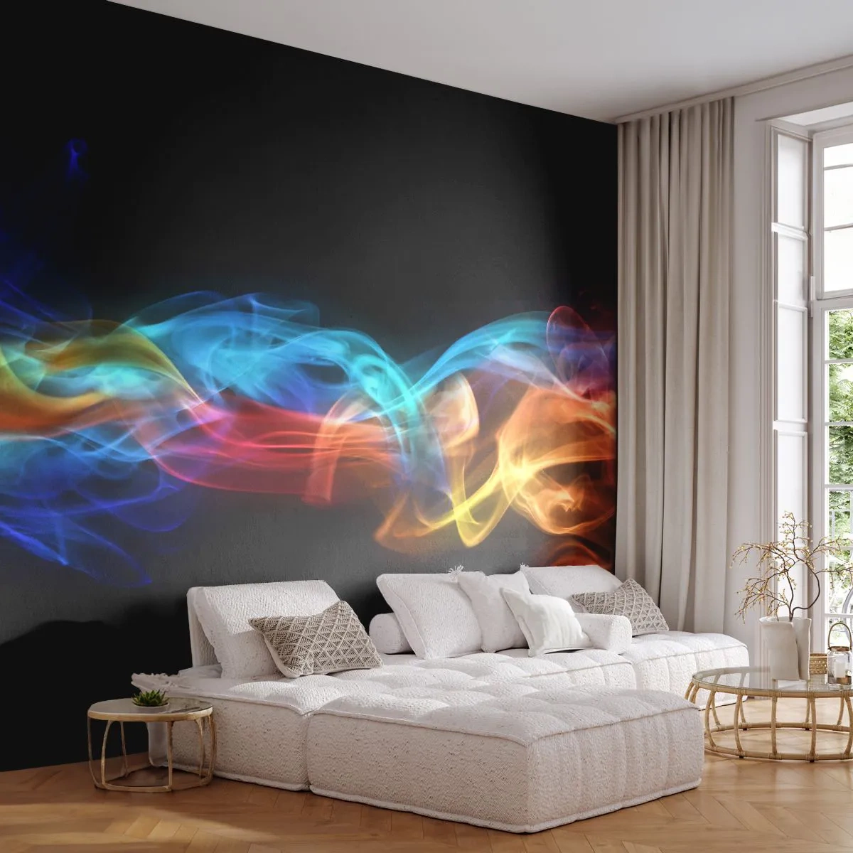 Zelfklevend Fotobehang Deluxe Sticker - Regenboogdans van nevels - Abstractie, Grafisch, Kleurrijke vlammen - 250x175 cm
