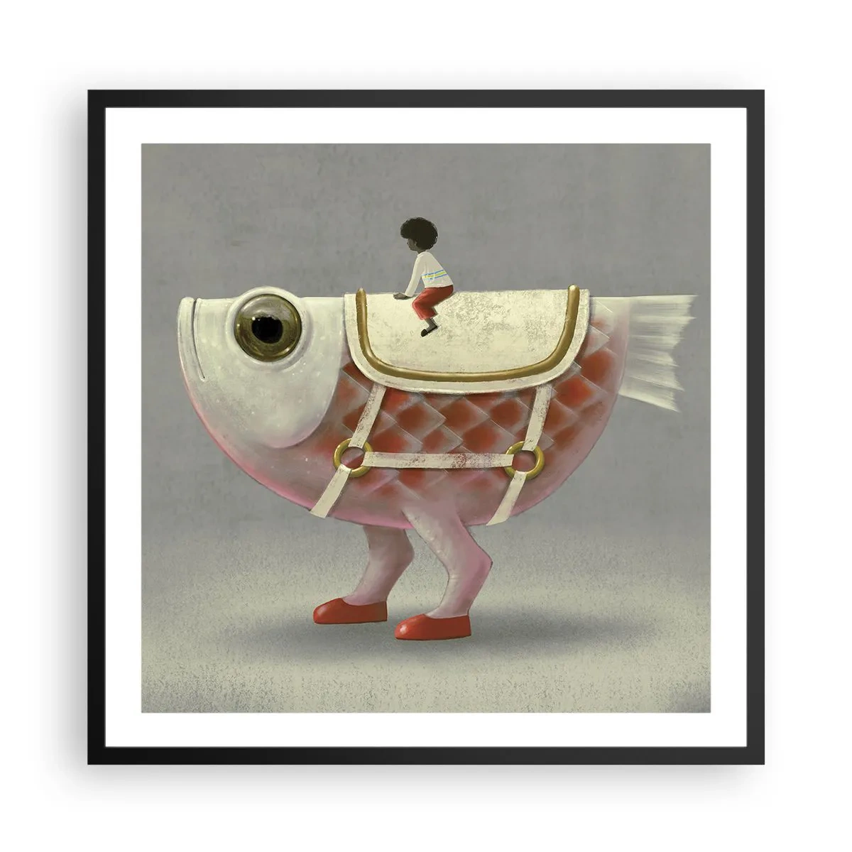 Poster in een zwarte lijst - Ruiter op een surrealistische vis - 60x60 cm