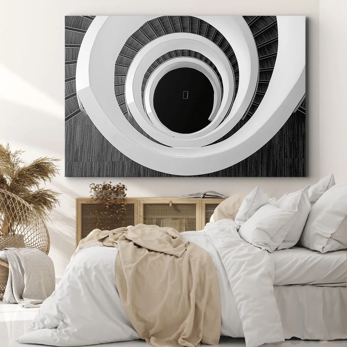 Schilderen op canvas - Zwart-witte wenteltrap in moderne stijl - 70x50cm - Tot de kern van de zaak - Moderne wanddecoratie voor woonkamer en slaapkamer ARTTOR