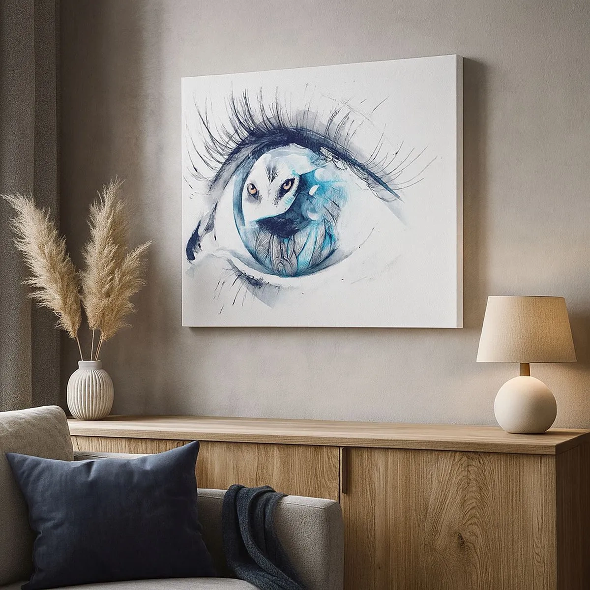 Schilderen op canvas - Een oog met een afbeelding van een uil in aquareltinten blauw - 70x50cm - Oog in oog met wildheid - Moderne wanddecoratie voor woonkamer en slaapkamer ARTTOR