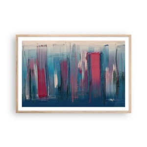 Een poster in een licht eiken lijst - Verticale compositie in blauw en rood - 91x61 cm