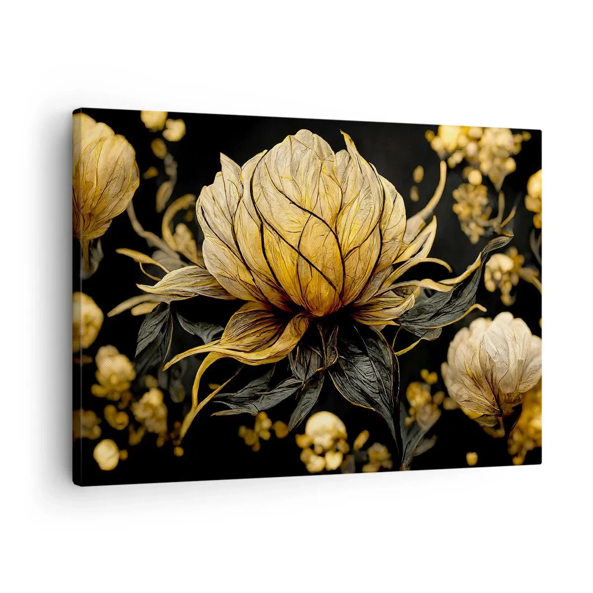 Schilderen op canvas - Gouden bloem op een donkere achtergrond - 70x50cm - Subtiele kwetsbaarheid - Moderne wanddecoratie voor woonkamer en slaapkamer ARTTOR