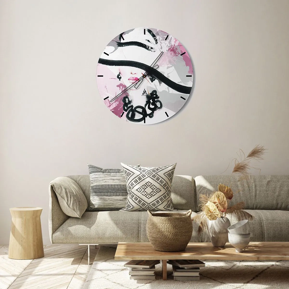 Wandklok - Klok - Portret van een dame in zwart en roze - 40x40 cm