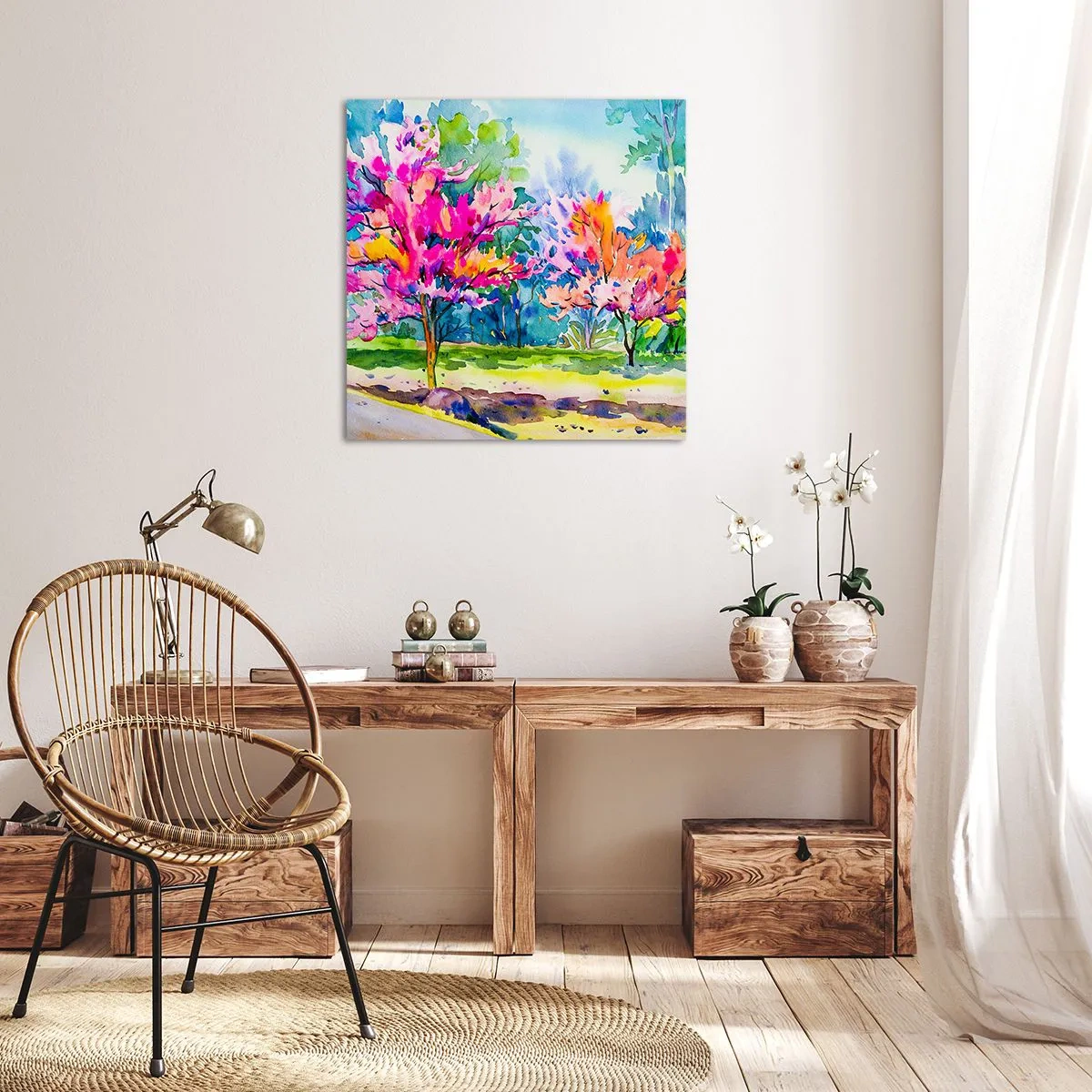 Schilderen op canvas - Regenboogtuin in het lentelicht - 60x60 cm