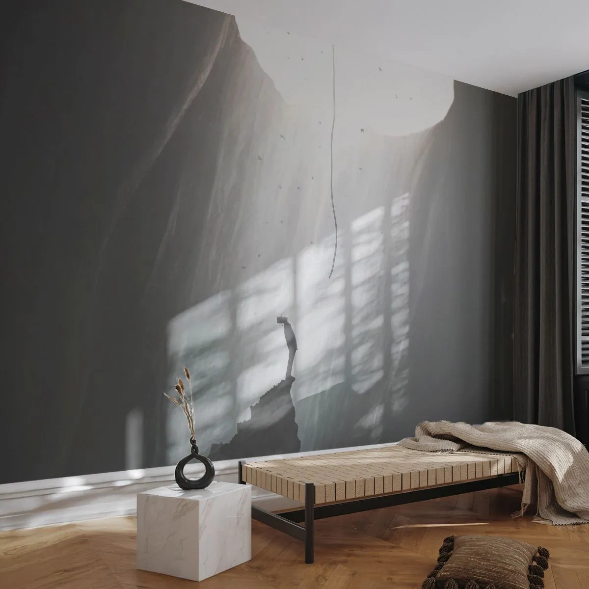 Fotobehang Standard Eco - Er is altijd een uitweg - Grot, Man, Klimmen - 150x105 cm