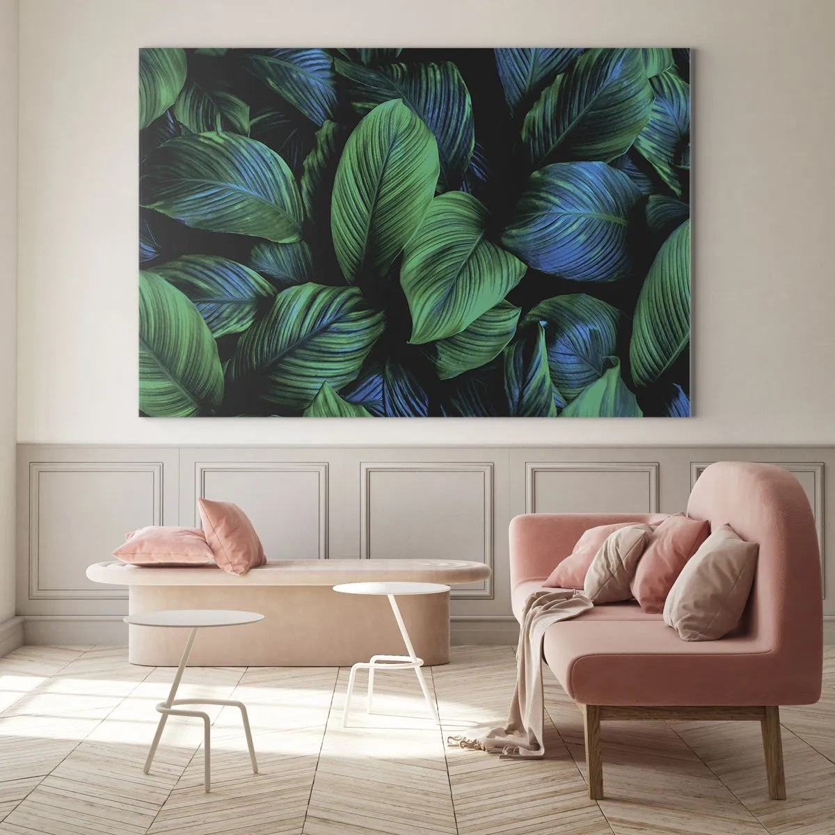 Schilderen op glas - Close-up van bladeren in intense tinten groen - 70x50cm - In de groene menigte - Moderne wanddecoratie voor woonkamer en slaapkamer ARTTOR