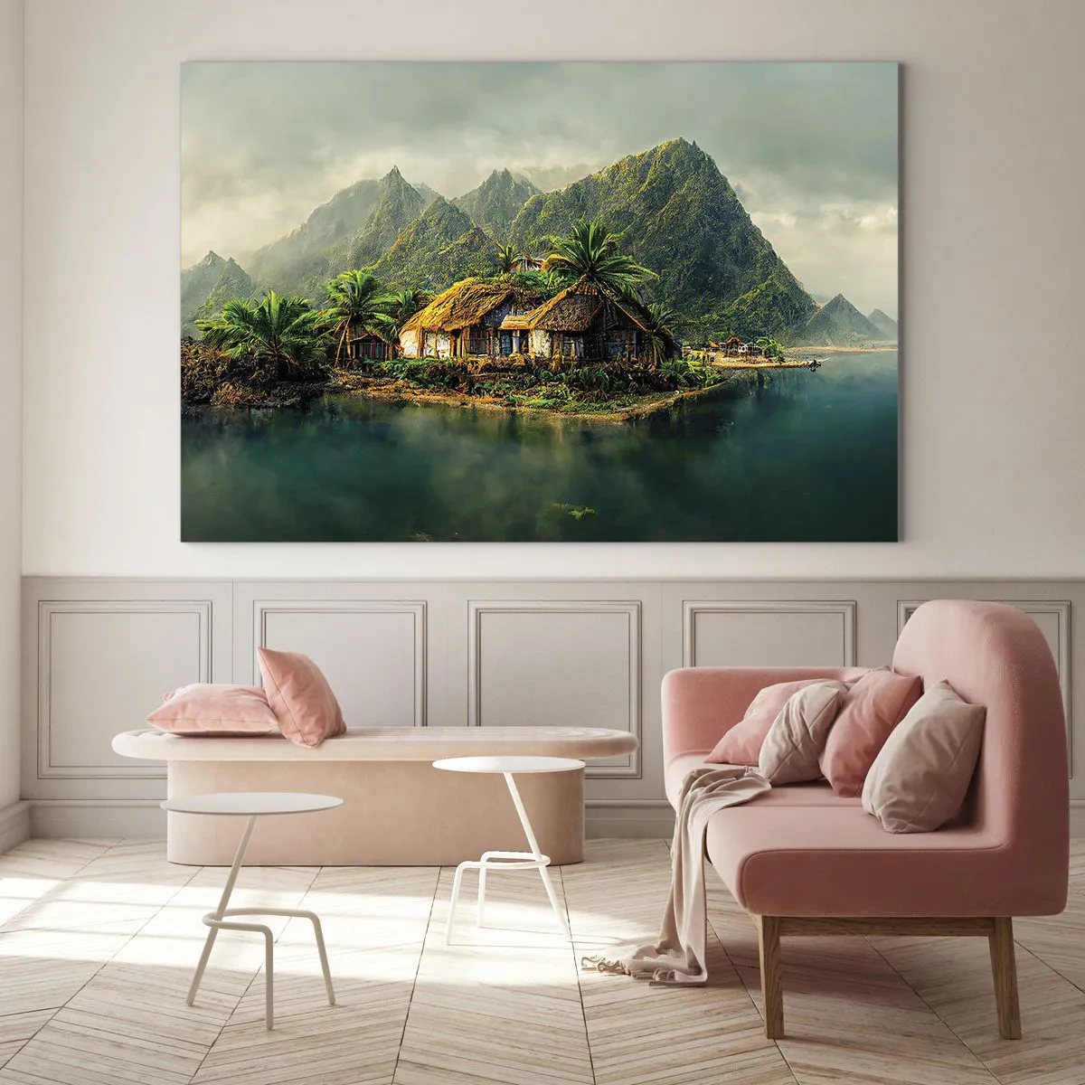 Schilderen op glas - Een tropisch dorp aan het water, omgeven door bergen en palmbomen - 70x50cm - Tropisch paradijs - Moderne wanddecoratie voor woonkamer en slaapkamer ARTTOR