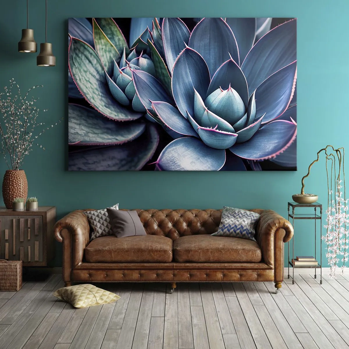 Schilderen op canvas - Agave in tinten blauw en groen met roze accenten - 70x50cm - Levenskracht - Moderne wanddecoratie voor woonkamer en slaapkamer ARTTOR