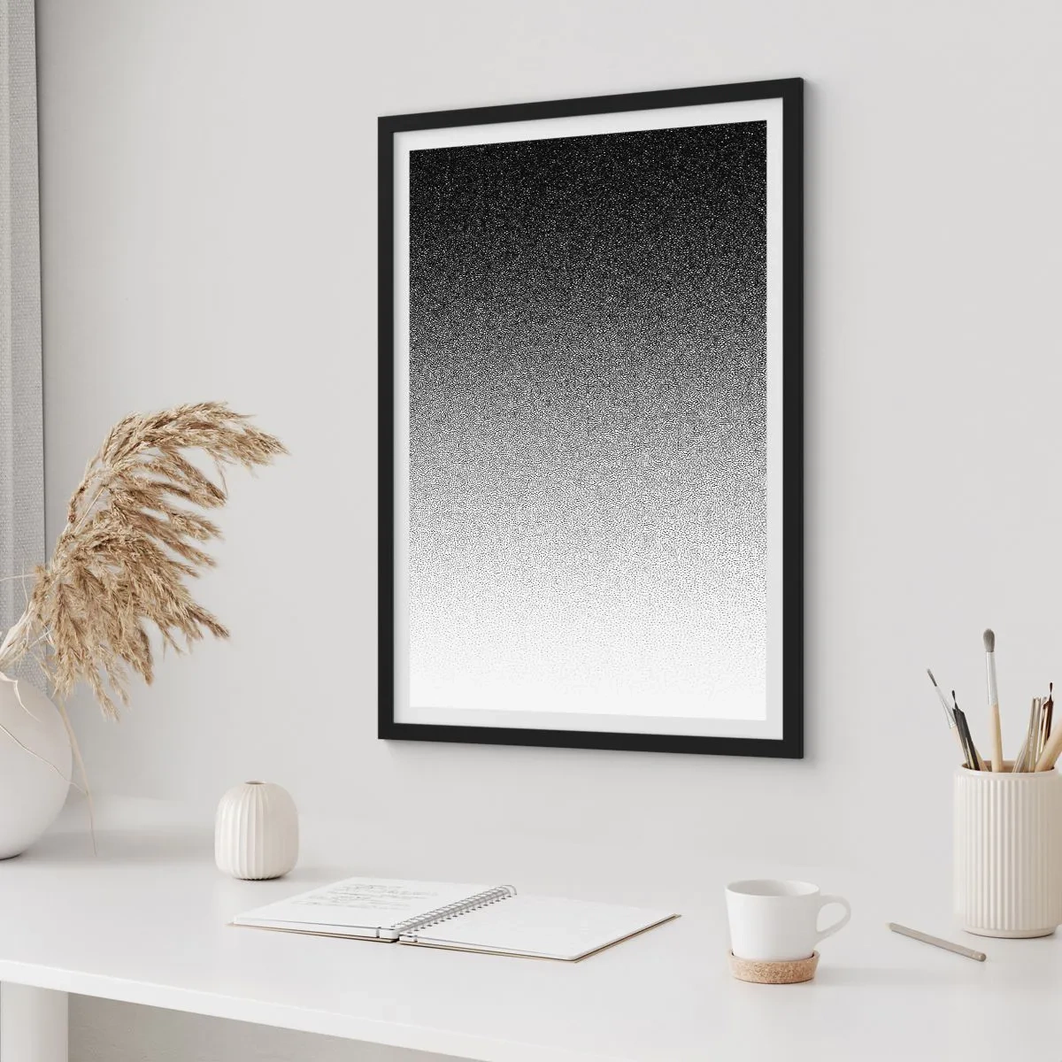 Poster in een zwarte lijst - Minimalistisch zwart-witverloop in een stippelpatroon - 50x70cm - Naar het licht - Moderne wanddecoratie voor woonkamer en slaapkamer ARTTOR