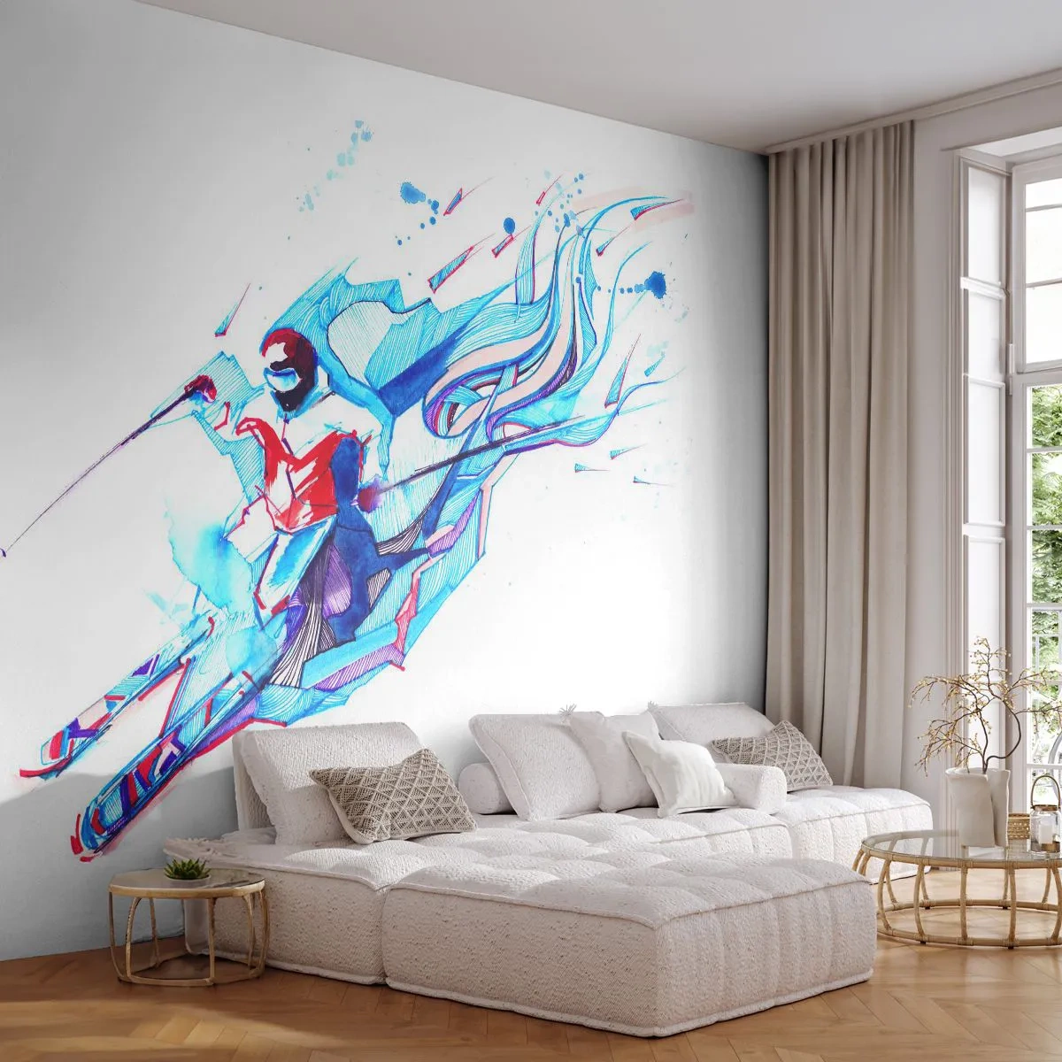 Zelfklevend Fotobehang Deluxe Sticker - Gekke rush van vreugde - Abstractie, Ski's, Skiër - 250x175 cm