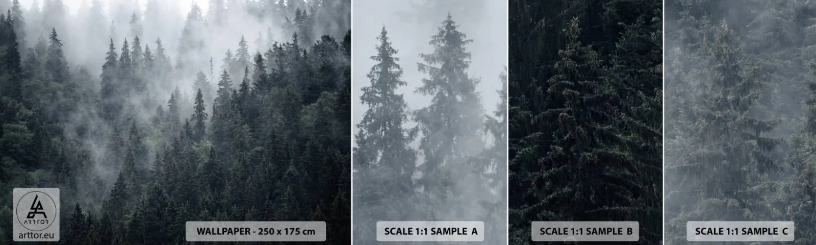 Fotobehang Monster Zelfklevend Deluxe Sticker - Bos dageraad - Landschap, Woud, Natuur - 100x30 cm