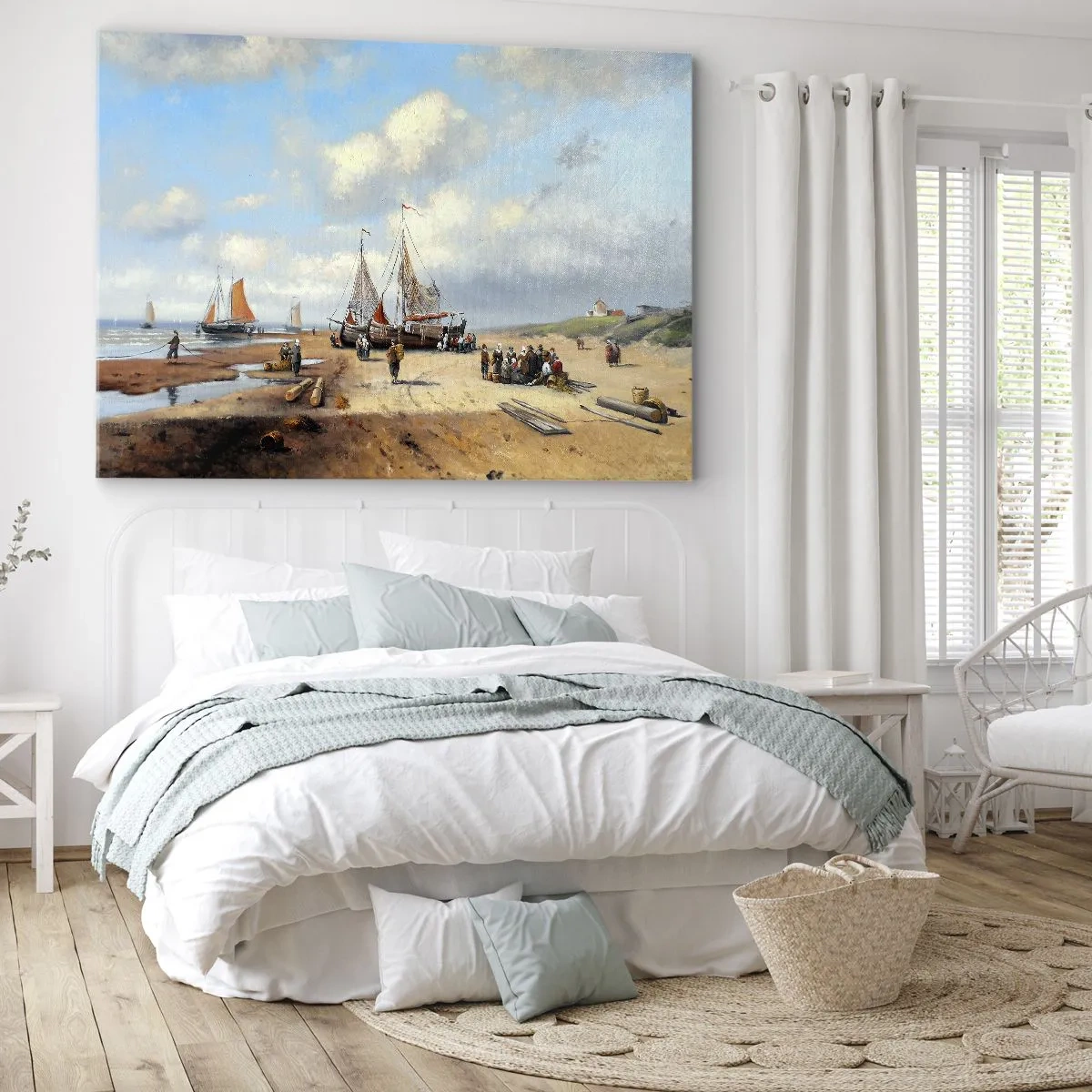 Schilderen op canvas - Vissersboten op het strand met menselijke figuren - 70x50cm - Na een geslaagde vangst - Moderne wanddecoratie voor woonkamer en slaapkamer ARTTOR