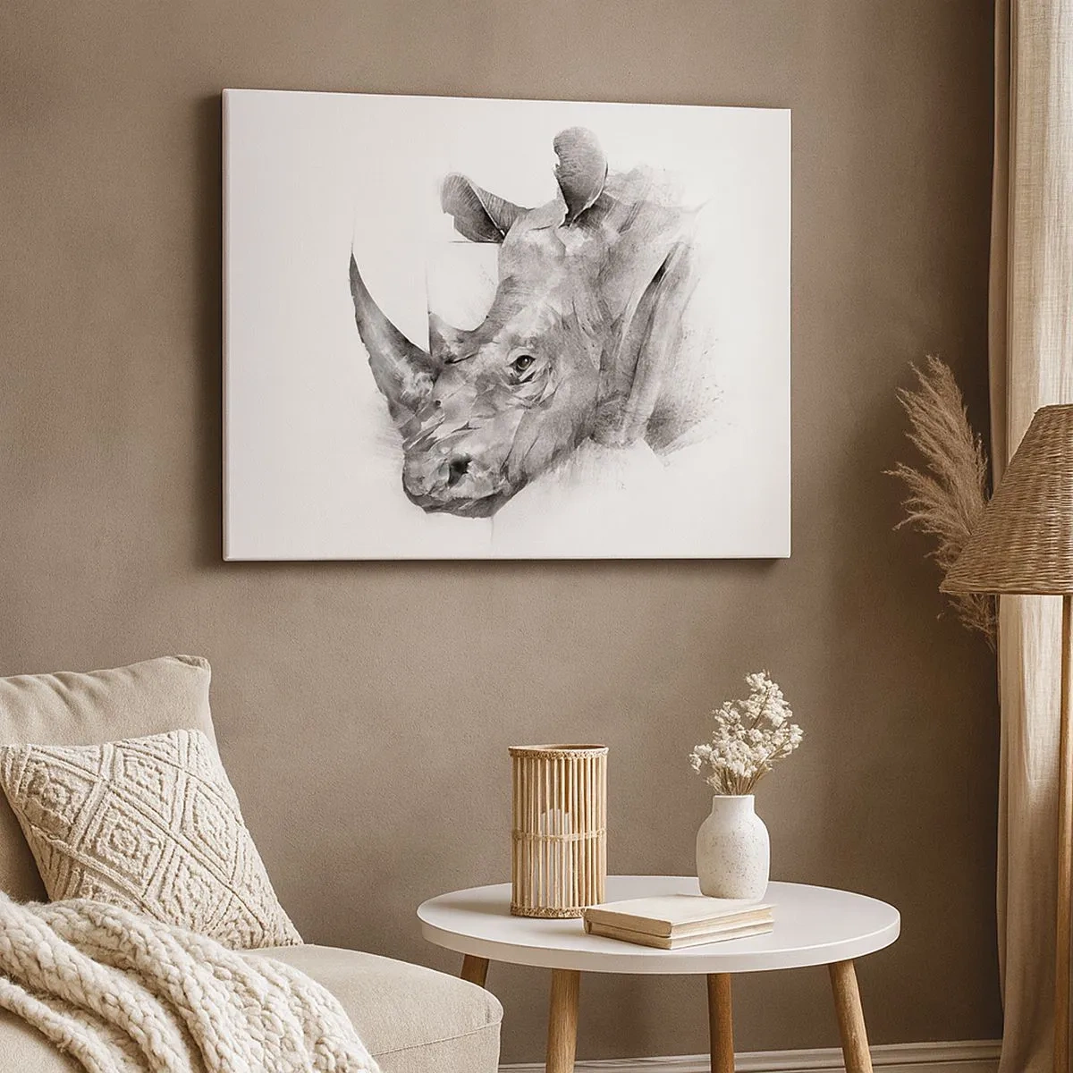 Schilderen op canvas - Artistiek portret van een neushoorn in zwart-wit - 70x50cm - Afrikaans portret - Moderne wanddecoratie voor woonkamer en slaapkamer ARTTOR