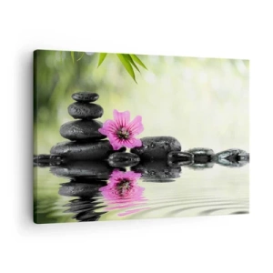 Schilderen op canvas - Zenstenen en een roze bloem weerspiegeld in het water - 70x50cm - Tijd voor de ziel - Moderne wanddecoratie voor woonkamer en slaapkamer ARTTOR