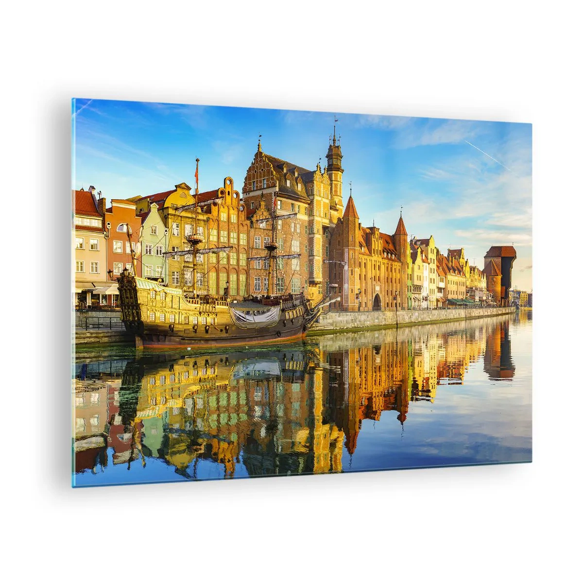 Schilderen op glas - De oude binnenstad van Gdansk met een weerspiegeling in het water - 70x50cm - Een spiegelbeeld van het verleden - Moderne wanddecoratie voor woonkamer en slaapkamer ARTTOR