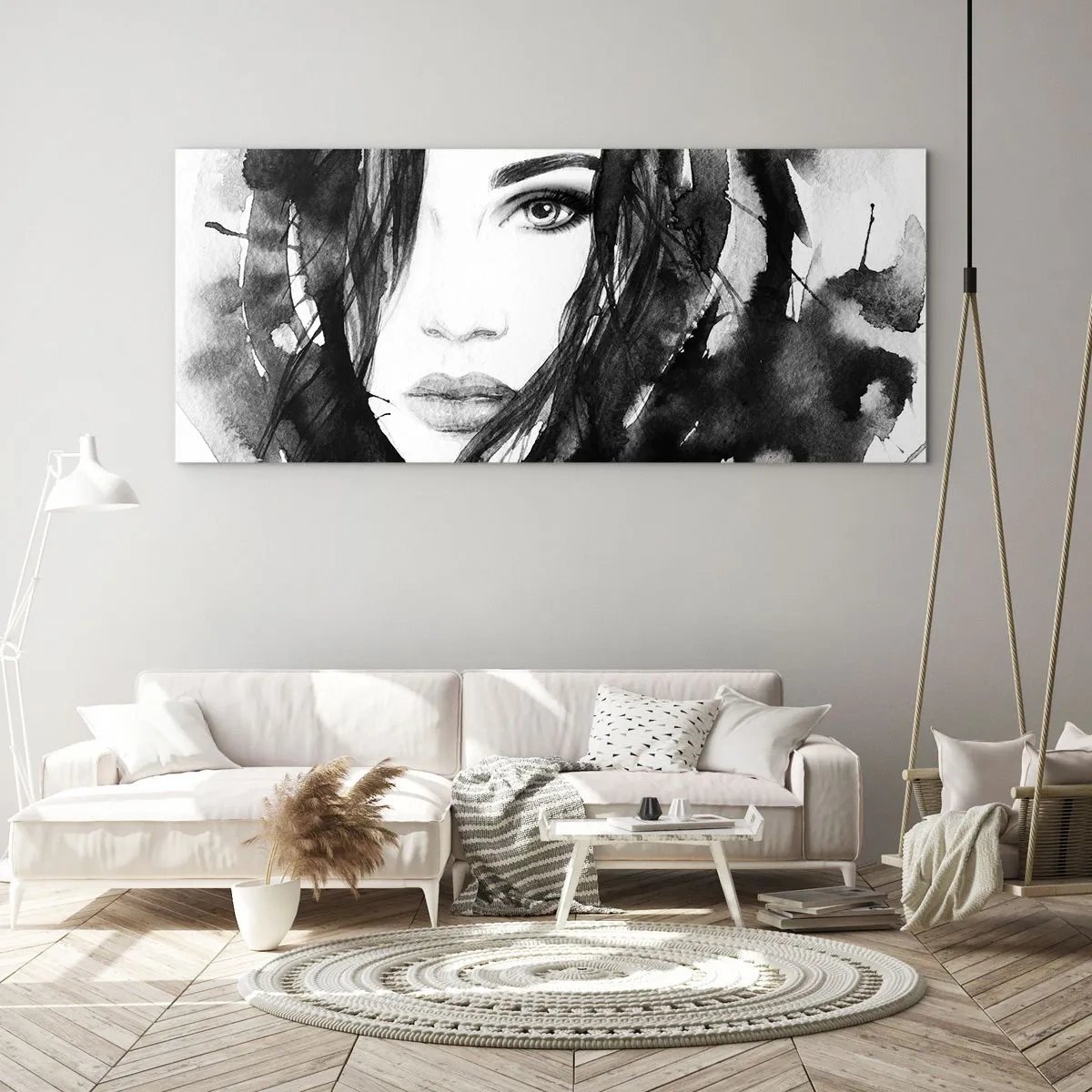 Schilderen op glas - Portret van een dame in zwart en wit - 100x40 cm