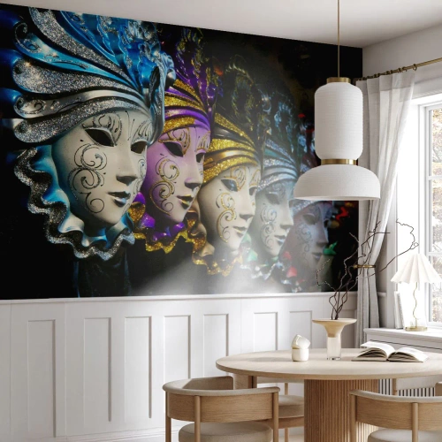 Fotobehang Premium Canvas - Mysterie in goud en zilver - Venetiaans masker, Venetië, Carnaval - 150x105 cm