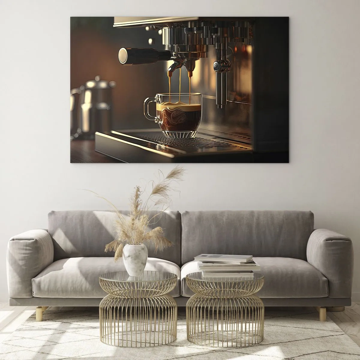 Schilderen op glas - Espressokoffie in een glas met schuim - 70x50cm - Een sensuele mix - Moderne wanddecoratie voor woonkamer en slaapkamer ARTTOR