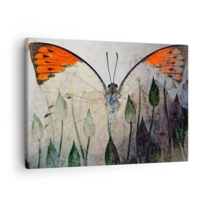 Schilderen op canvas - Een vlinder met oranje vleugels tegen een achtergrond van gestileerde bloemen. - 70x50cm - "Waar zwaait de vlinder op het gras" - Moderne wanddecoratie voor woonkamer en slaapkamer ARTTOR