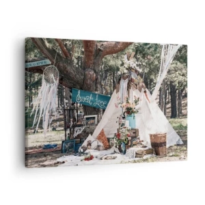 Schilderen op canvas - Boho-decoratie met een tipi in het bos - 70x50cm - De liefde bedrijven ... - Moderne wanddecoratie voor woonkamer en slaapkamer ARTTOR