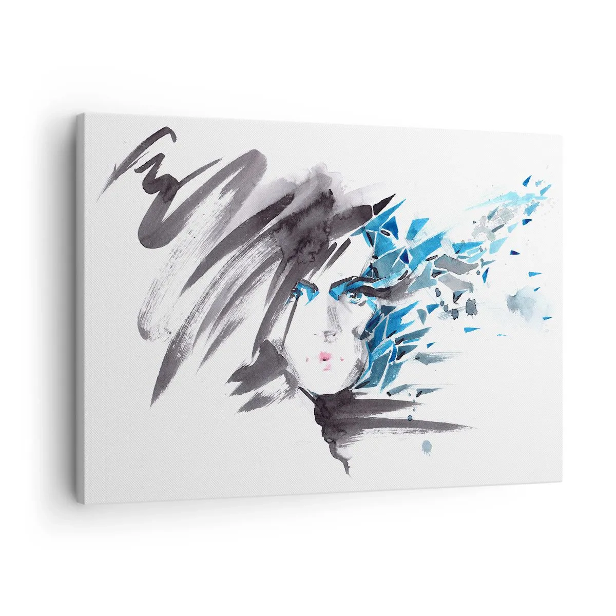 Schilderen op canvas - Artistieke aquarel gezichtsbeschildering met blauwe accenten - 70x50cm - Sensueel portret in grijs en blauw - Moderne wanddecoratie voor woonkamer en slaapkamer ARTTOR