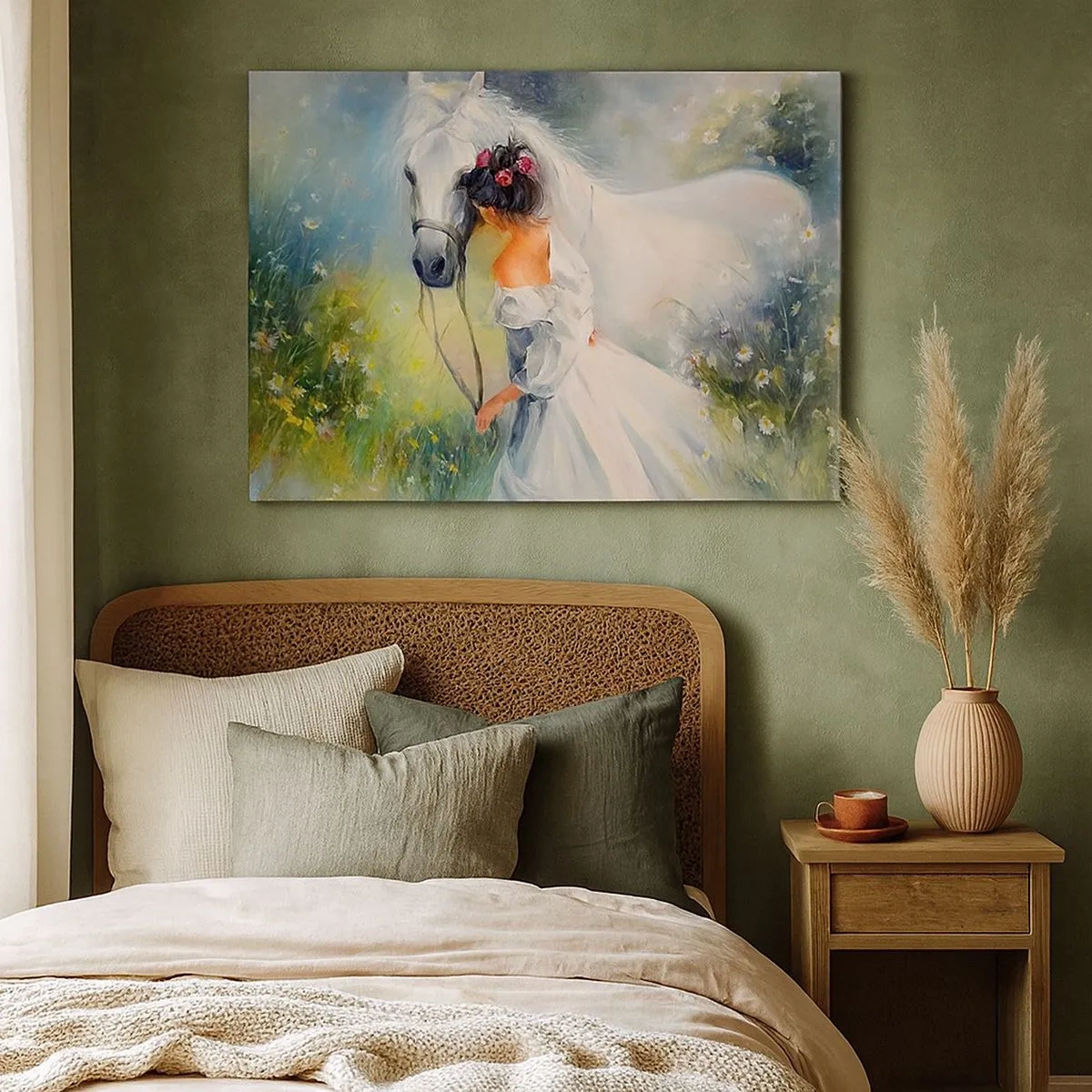 Schilderen op canvas - Een vrouw met een wit paard in een pittoreske omgeving - 70x50cm - Als uit een mooie droom - Moderne wanddecoratie voor woonkamer en slaapkamer ARTTOR