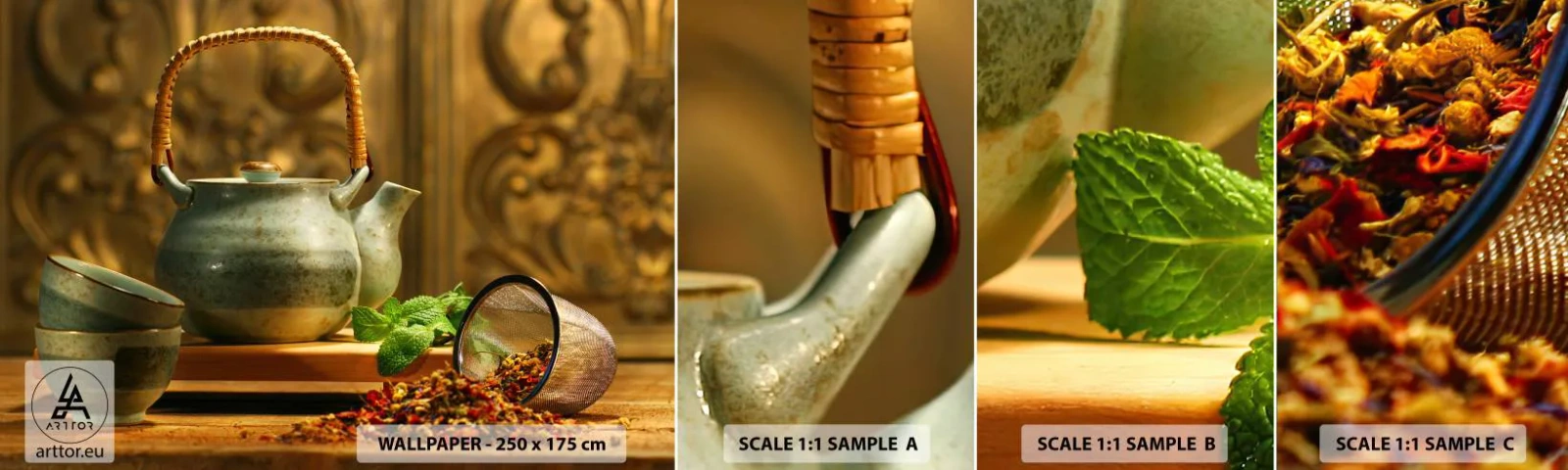 Fotobehang Monster Zelfklevend Deluxe Sticker - Verhandeling over het drinken van thee - Gastronomie, Thee, Gedroogde kruiden - 100x30 cm