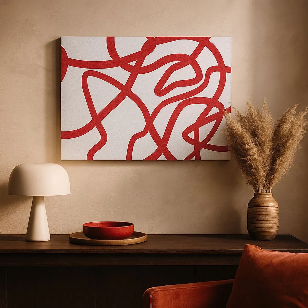 Schilderen op canvas - Rode abstracte lijnen op een witte achtergrond - 70x50cm - Rood op wit - Moderne wanddecoratie voor woonkamer en slaapkamer ARTTOR
