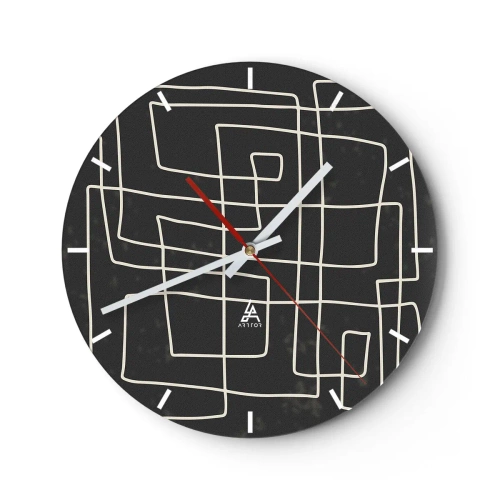 Wandklok - Klok - Witte geometrische lijnen vormen een ingewikkeld raster op een zwarte achtergrond. - 30x30cm - Niet zo eenvoudig - Moderne wanddecoratie voor woonkamer, keuken en slaapkamer ARTTOR