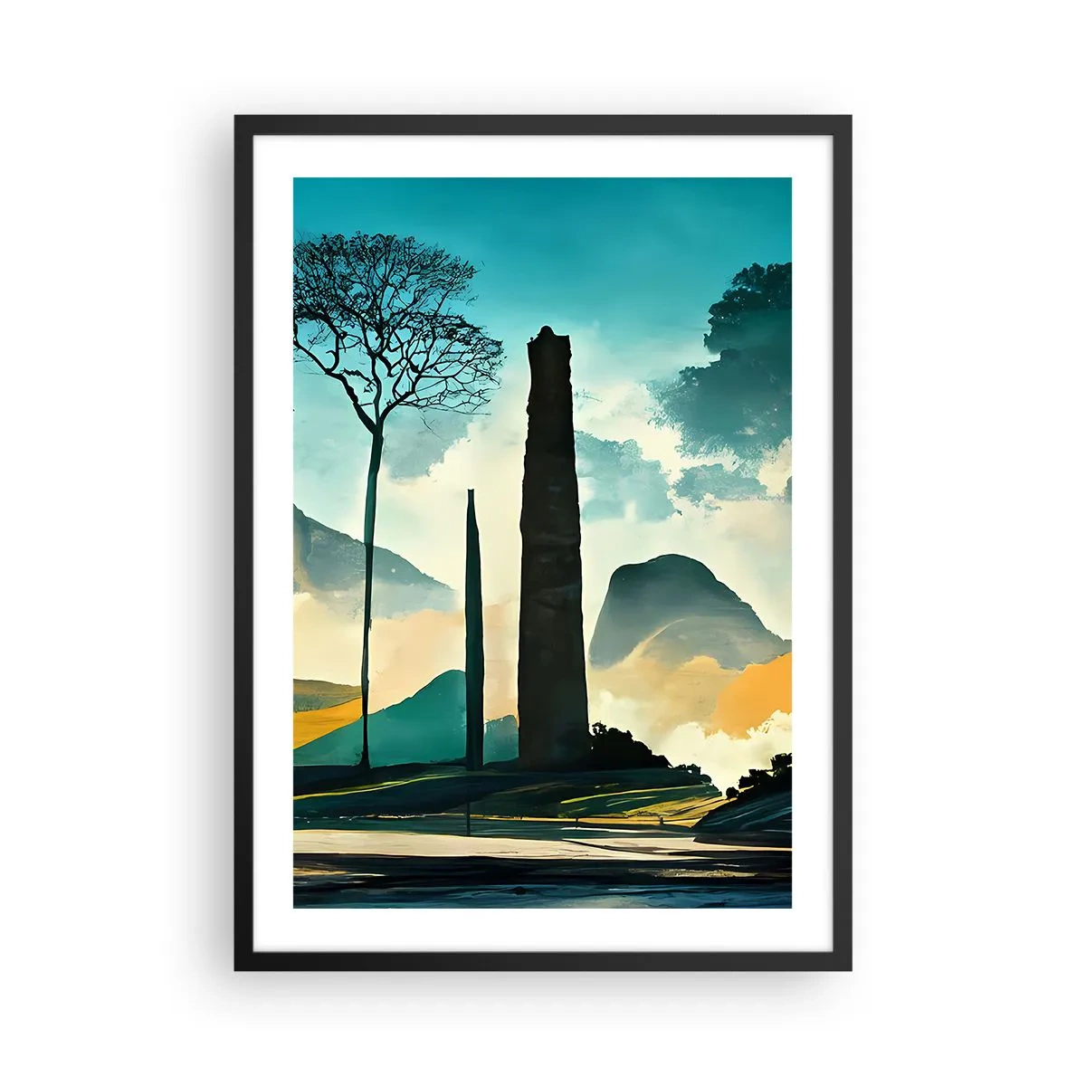 Poster in een zwarte lijst - Een mysterieus landschap met monumentale obelisken - 50x70cm - Nog hoger en hoger - Moderne wanddecoratie voor woonkamer en slaapkamer ARTTOR