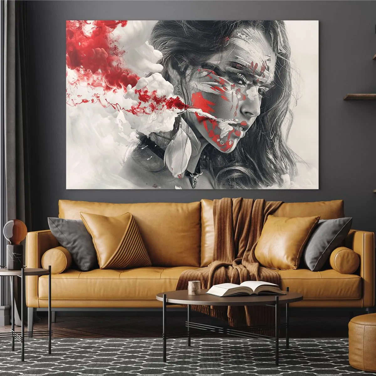 Schilderen op glas - Portret van een vrouw met abstracte rode en witte patronen - 70x50cm - In de dampen van absurditeit - Moderne wanddecoratie voor woonkamer en slaapkamer ARTTOR