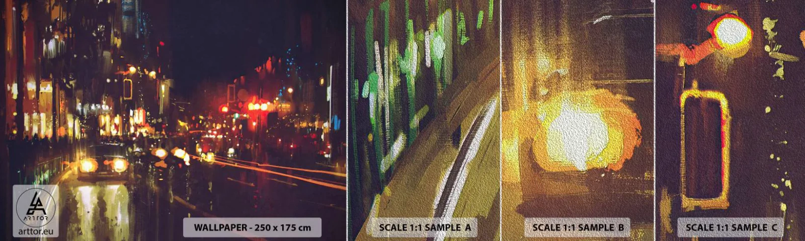 Fotobehang Monster Premium Sand - Ondergedompeld in de lichten van de nacht - Stad, Architectuur, Nachtleven - 100x30 cm