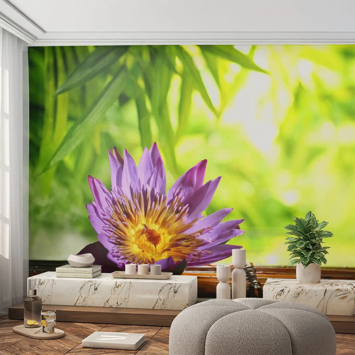 Zelfklevend Fotobehang Deluxe Sticker - In de Aziatische zon - Bloem, lotusbloem, Bamboe - 250x175 cm