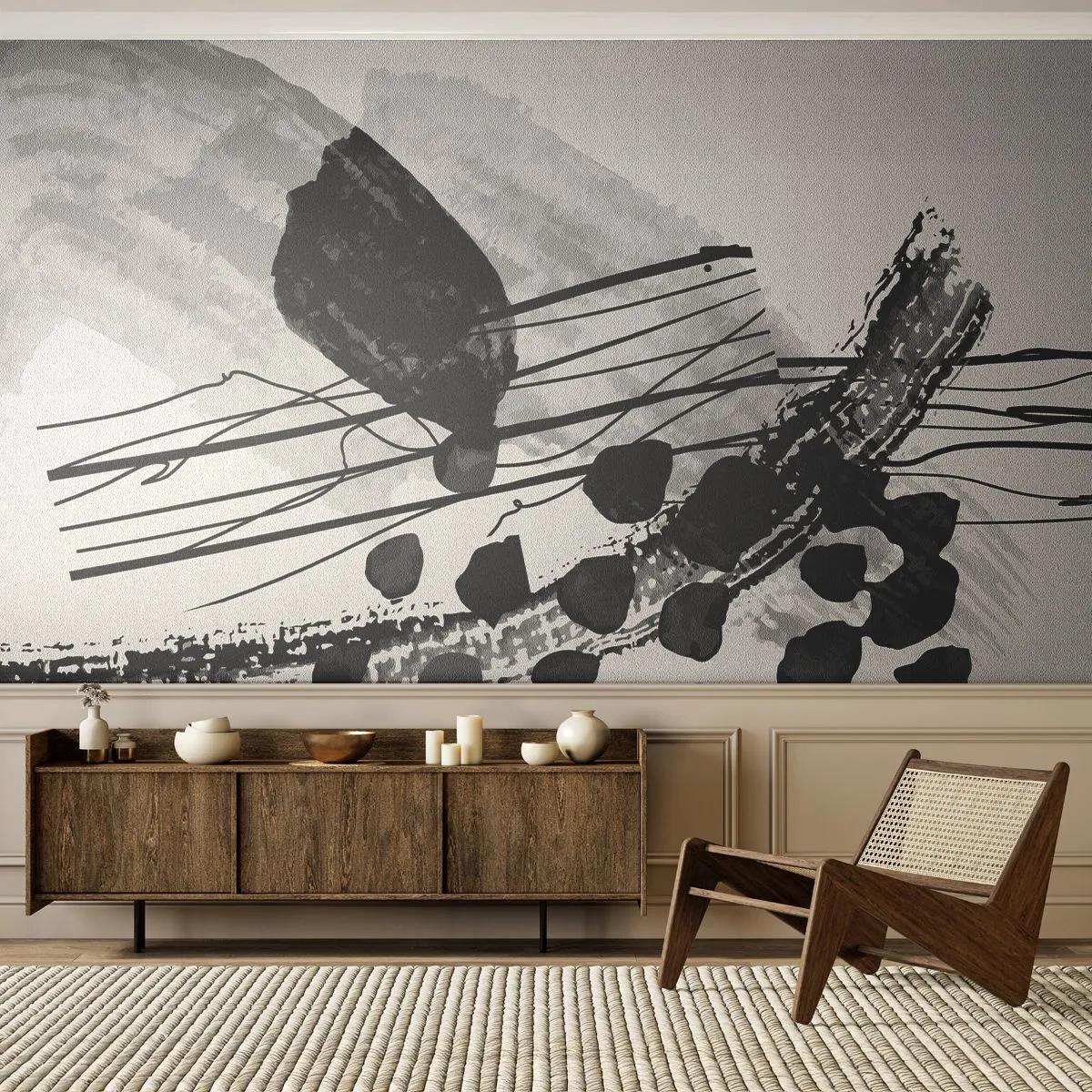Zelfklevend Fotobehang Deluxe Sticker - Zwart-wit organische abstractie - Abstractie, Modern, Deel - 350x256 cm
