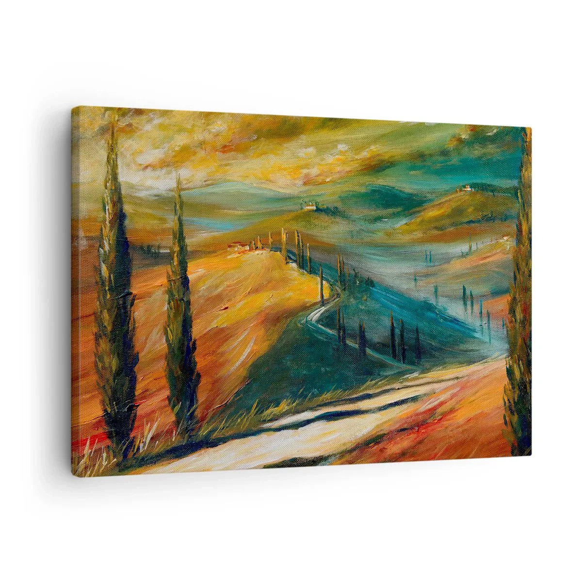 Schilderen op canvas - Toscaans landschap met velden, weg en cipressen - 70x50cm - Toscaans landschap - Moderne wanddecoratie voor woonkamer en slaapkamer ARTTOR