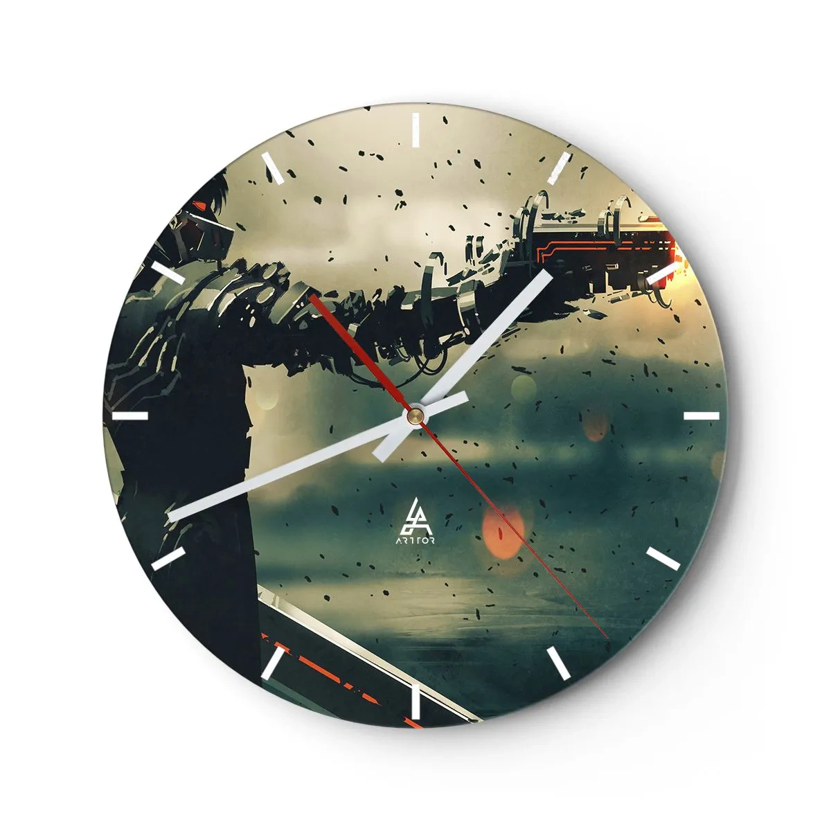 Wandklok - Klok - Een futuristisch personage met een cybernetisch wapen in een dynamische omgeving. - 30x30cm - Dodelijke wapens - Je eigen Terminator - Moderne wanddecoratie voor woonkamer, keuken en slaapkamer ARTTOR