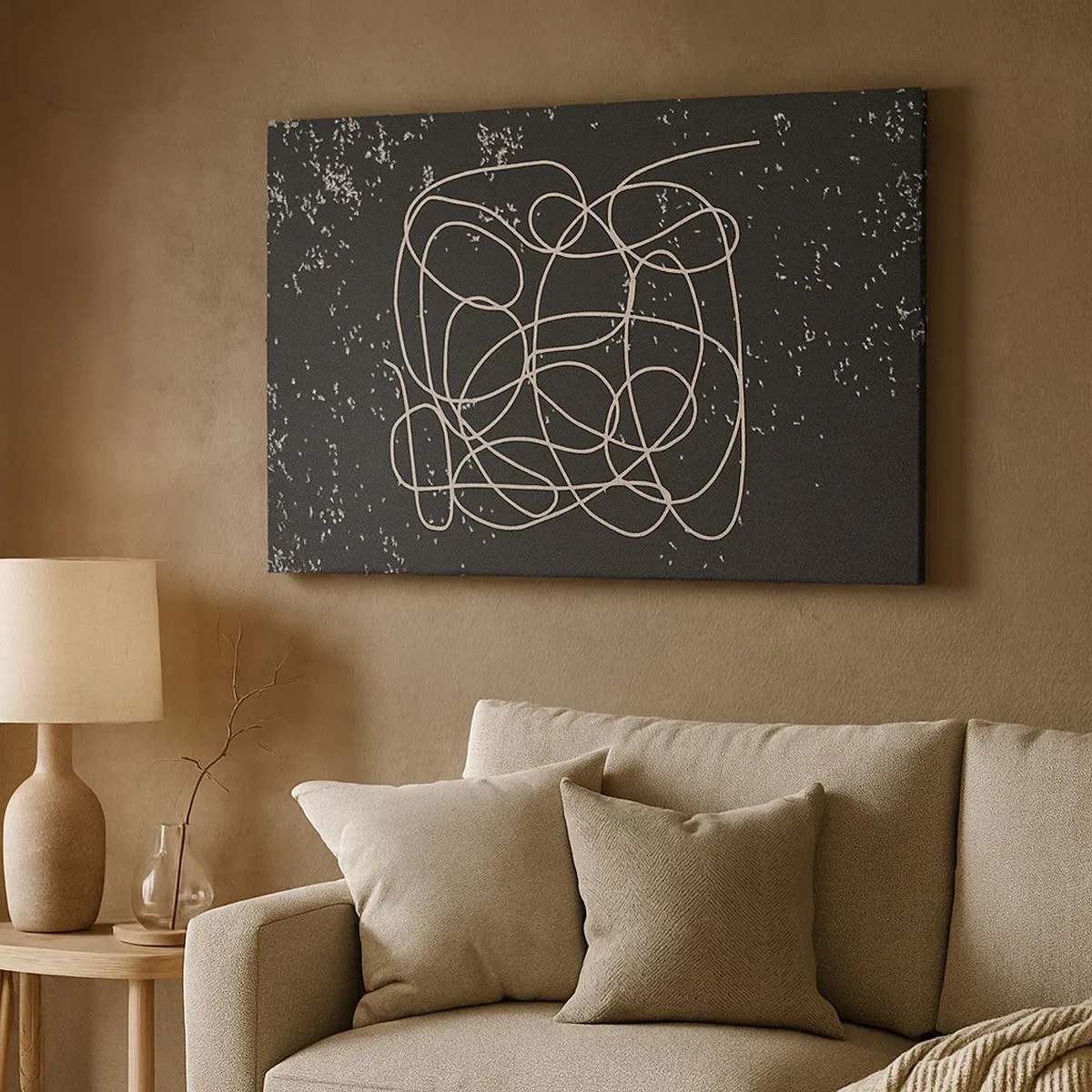 Schilderen op canvas - Abstracte lijn op een zwarte achtergrond met fijne details - 70x50cm - Dwalende gedachten - Moderne wanddecoratie voor woonkamer en slaapkamer ARTTOR