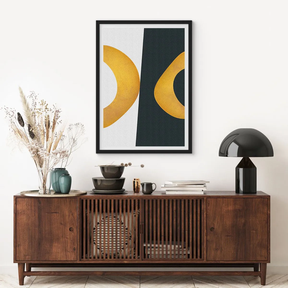 Poster in een zwarte lijst - Een abstracte compositie met overwegend gouden en donkergroene vormen. - 50x70cm - Ten eerste: goud - Moderne wanddecoratie voor woonkamer en slaapkamer ARTTOR