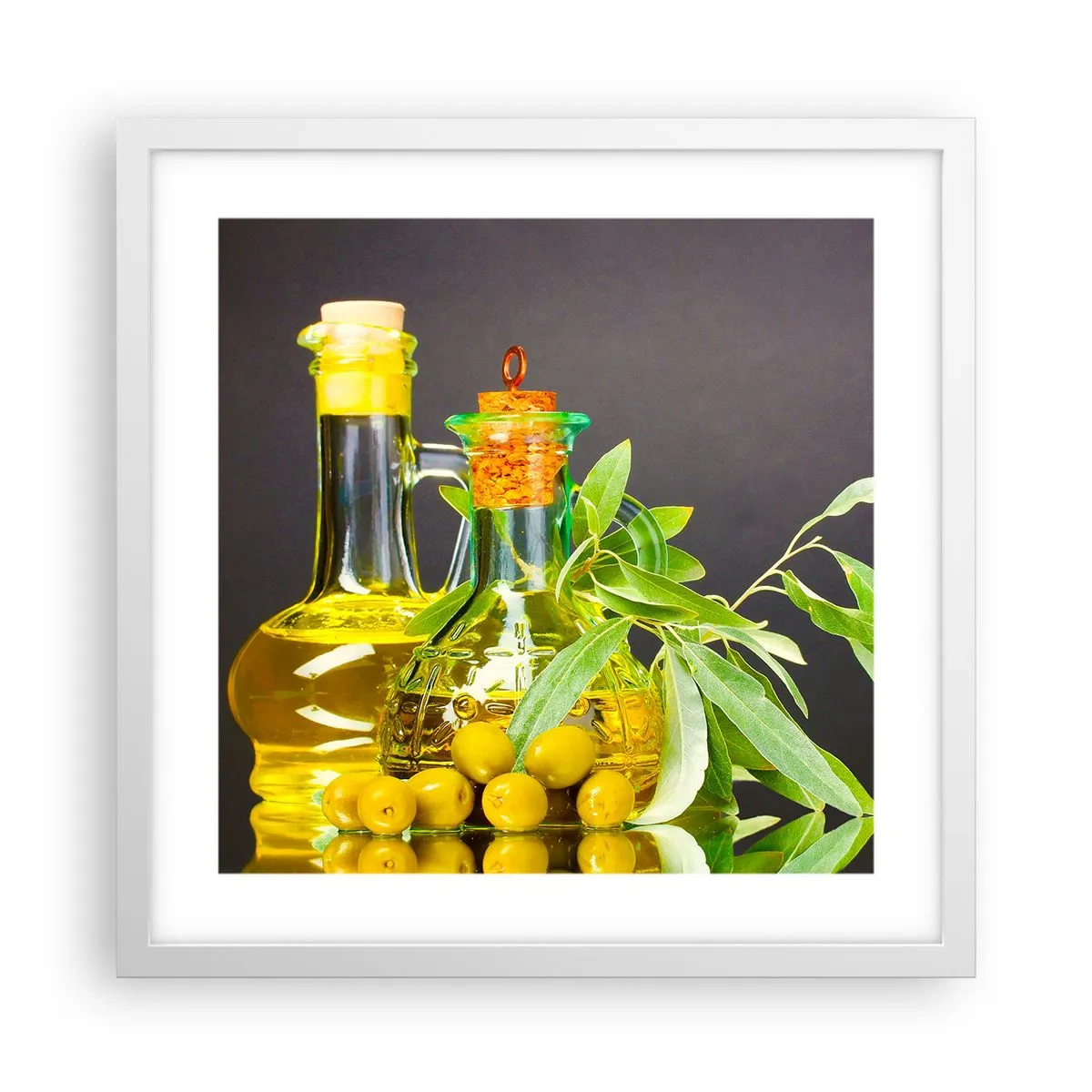 Poster in een witte lijst - Stilleven met olijven en olijfolie - 40x40 cm