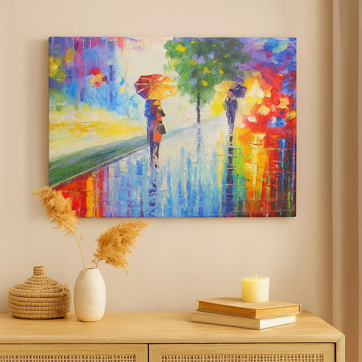 Schilderen op canvas - Een wandeling met een paraplu in een kleurrijk regenlandschap - 70x50cm - Nu is het helemaal duidelijk - Moderne wanddecoratie voor woonkamer en slaapkamer ARTTOR