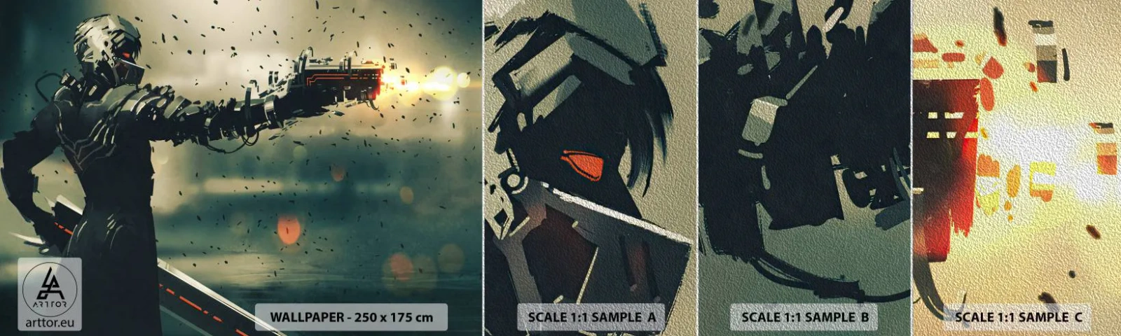 Fotobehang Monster Premium Sand - Dodelijke wapens - Je eigen Terminator - Abstractie, Fantasie, Toekomstige krijger - 100x30 cm