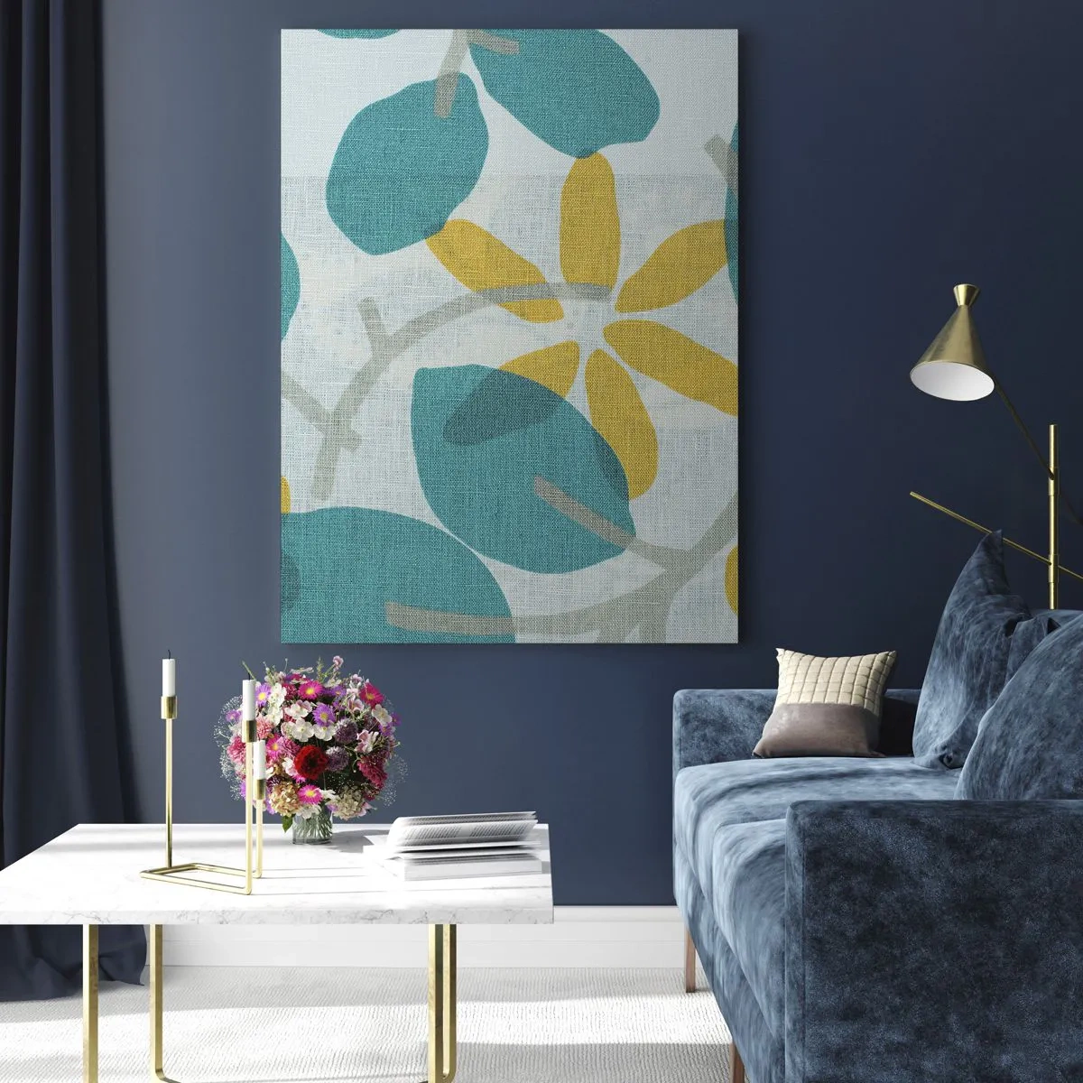 Schilderen op glas - Tussen de azuurblauwe bladeren - 70x100 cm