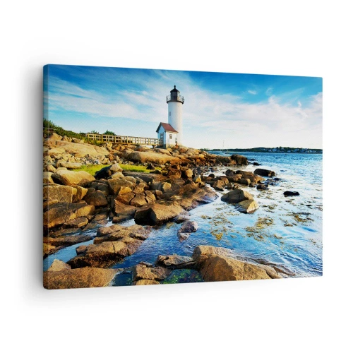 Schilderen op canvas - Een vuurtoren op een rotsachtige kust op een zonnige dag - 70x50cm - Kom blij terug, ik wacht - Moderne wanddecoratie voor woonkamer en slaapkamer ARTTOR