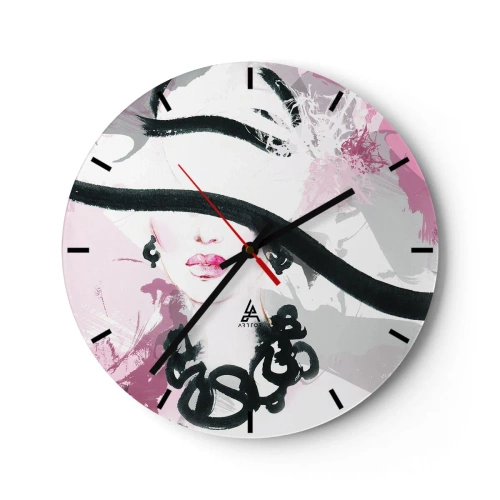 Wandklok - Klok - Een elegant portret van een vrouw in een zwart-roze stijl - 30x30cm - Portret van een dame in zwart en roze - Moderne wanddecoratie voor woonkamer, keuken en slaapkamer ARTTOR