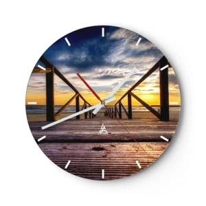 Wandklok - Klok - Zonsondergang gezien vanaf een houten pier op het strand - 30x30cm - Rechtstreeks naar het rustige strand bij zonsondergang - Moderne wanddecoratie voor woonkamer, keuken en slaapkamer ARTTOR