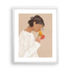 Poster in een witte lijst - Meisje en bloemen - 40x50 cm